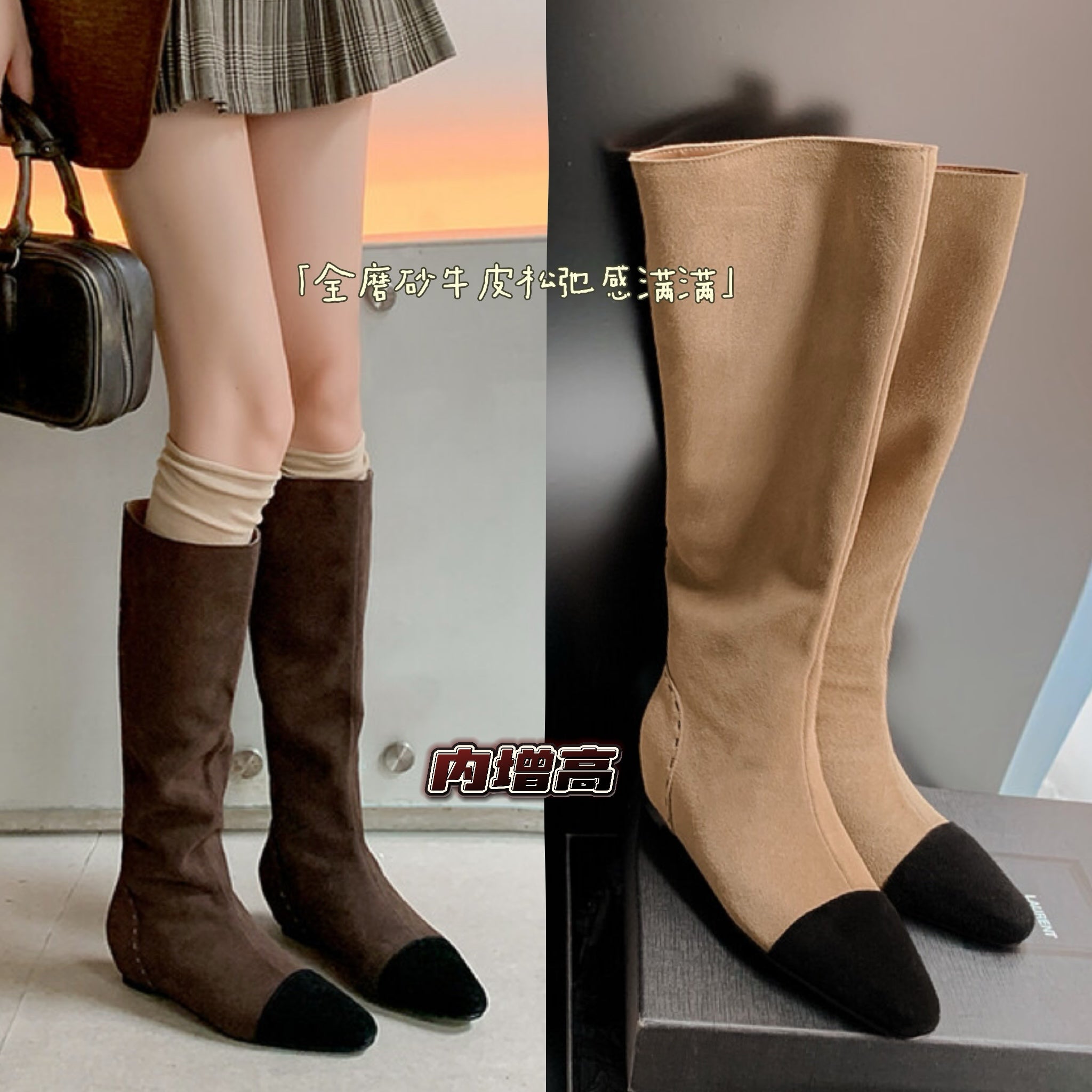 Karin Luna In Stock Spot Goods TikTok Live Hot Item Full Cowhide Leather Pointed Toe Retro Wedge Heel Stacked Boots