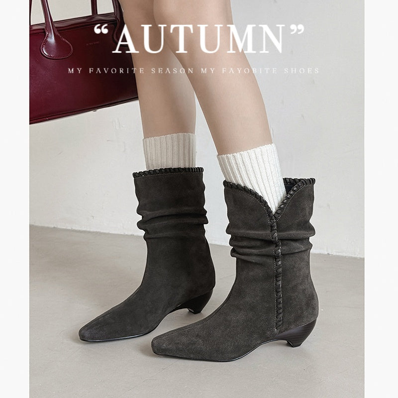 Karin Luna Elegant Style Small Square Toe Pleated Short Boots