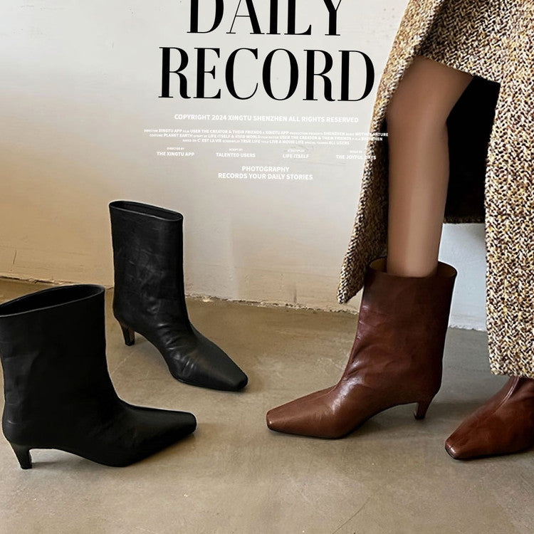 Karin Luna In Stock Spot Goods Top Layer Stone Pattern Cowhide Textured Small Square Toe Straight Short Boots