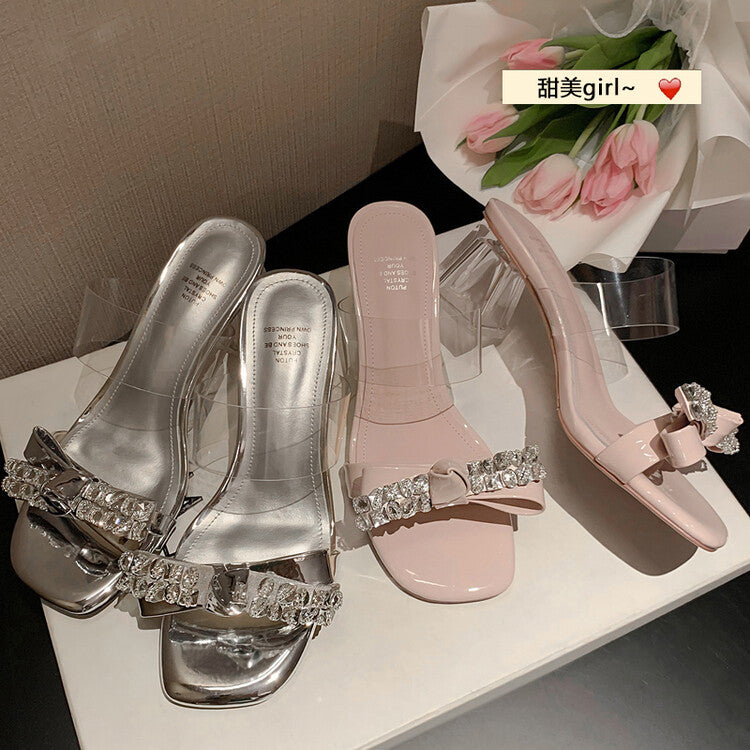 Karin Luna In Stock Summer New It's clearly a model with high traffic Rhinestone Flower Bow Crystal Heel Slippers