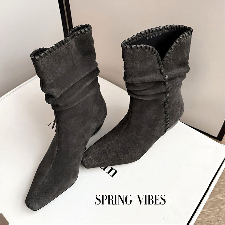 Karin Luna Small Square Toe Retro Ruched Pile Short Boots