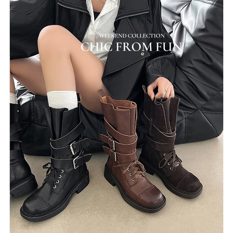 Karin Luna Bestseller Hot-Selling Large Tube Leather Belt Buckle Round Toe Thick-Soled Short Boots