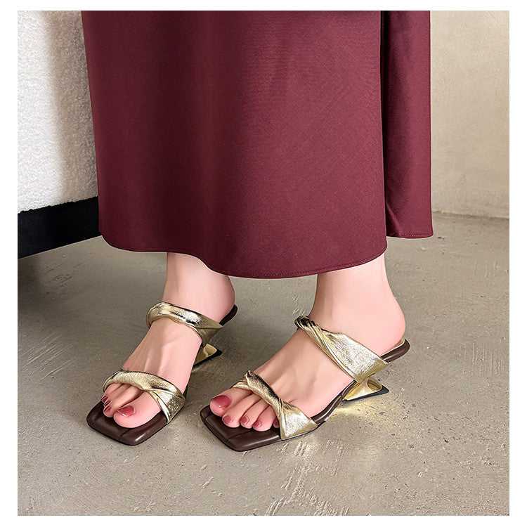 Karin Luna In Stock  Spot Goods   Square Toe One-Strap Irregular Heel Slippers