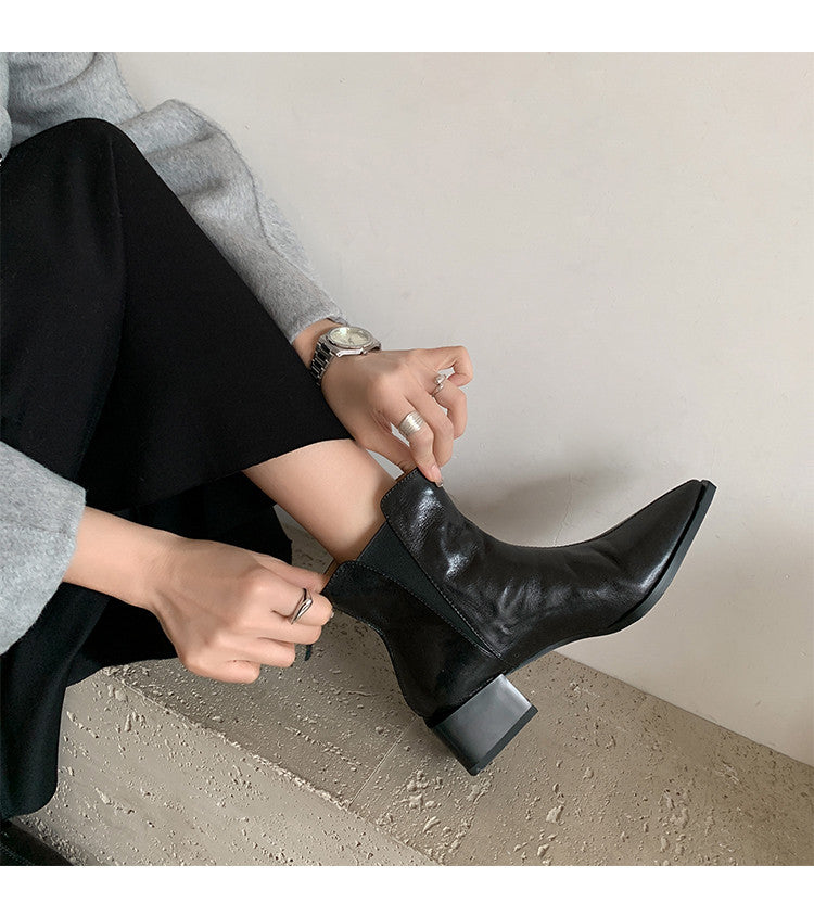 Karin Luna In Stock Spot Goods Elegant Stretch Fabric Patchwork Pointed Toe Chunky Heel Short Boots