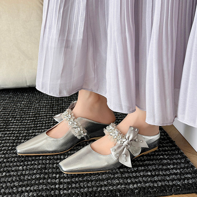 Karin Luna Handmade One-Strap Rhinestone Ribbon Square-Toe Mules