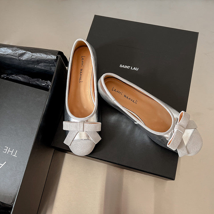 Karin Luna In Stock Spot Goods    Color Block Sweet Bowknot Hidden Wedge Shallow Mouth Flats