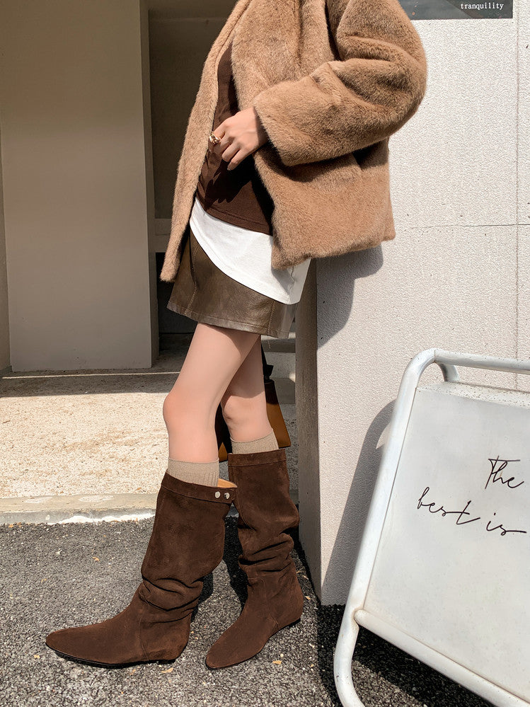Karin Luna In Stock Spot Goods  Bestselling Suede Leather Sold Out Fast: Pile of Matte Inner Height-Increasing Western Boots