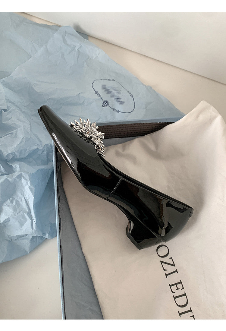 Karin Luna In Stock Spot Goods Exquisite Fireworks Buckle Small Square Toe Chunky Heel Commuter Shoes