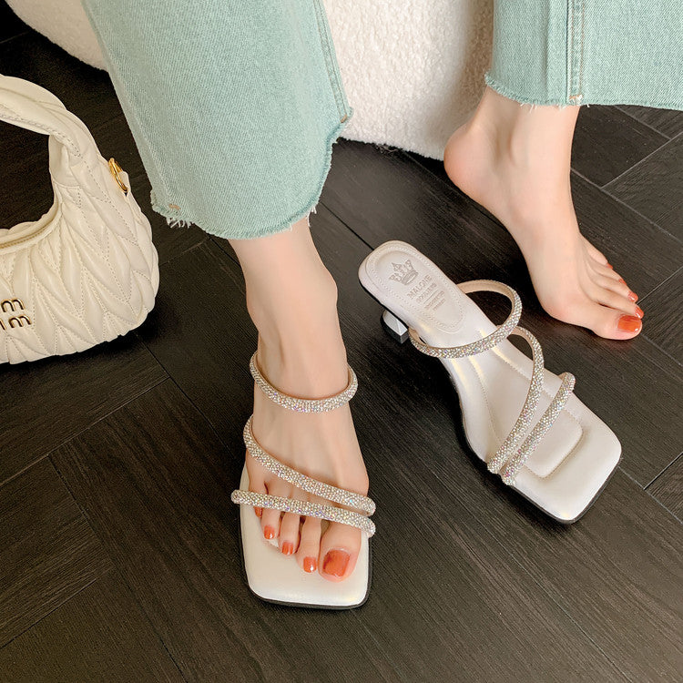 Karin Luna In Stock Spot Goods  Minimalist Versatile Square Toe Rhinestone Strap Open-Toe Sandals