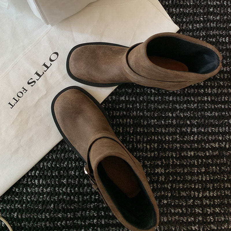 Karin Luna In Stock Spot Goods Versatile Basic Round Toe Belt Buckle Thick Sole Tube Boots