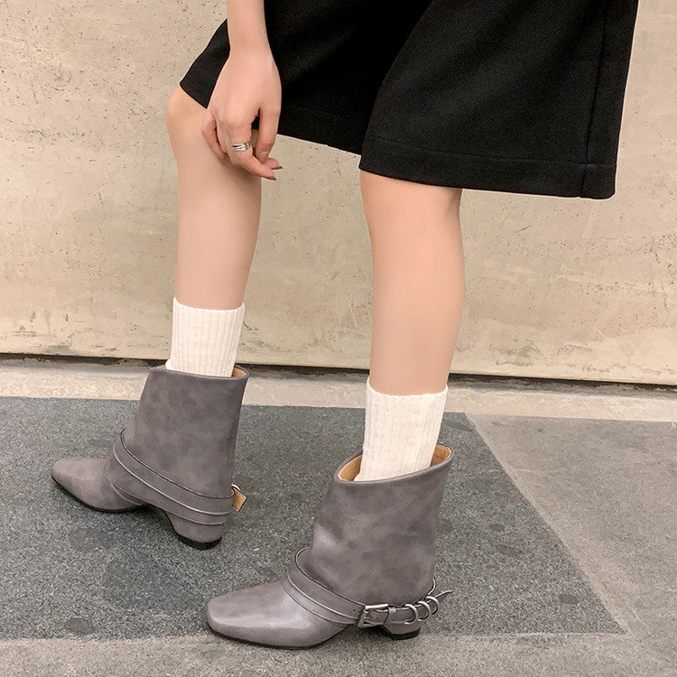 Karin Luna Data Hot Item Square Toe Hidden Wedge Belt Buckle Suede Ankle Boots