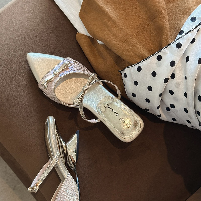 Karin Luna Fish Skin Series~Pointed Toe Irregular Heel Bowknot Strap Slippers