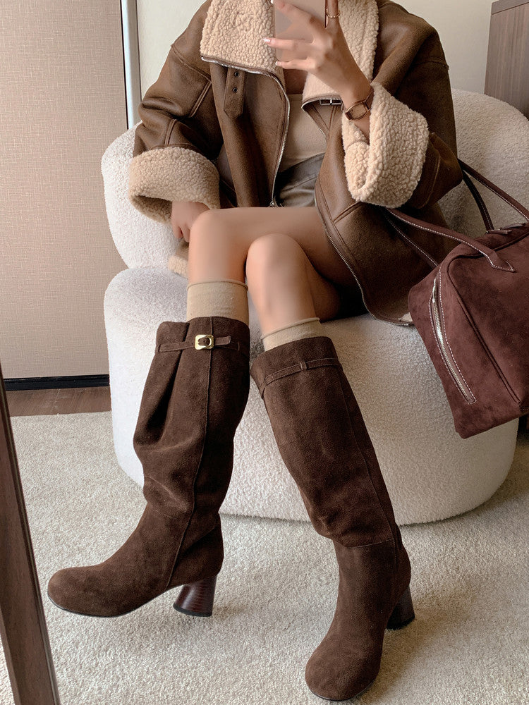 Karin Luna In Stock In Stock Mango Head Large Tube Belt Buckle Chunky Heel Long Boots
