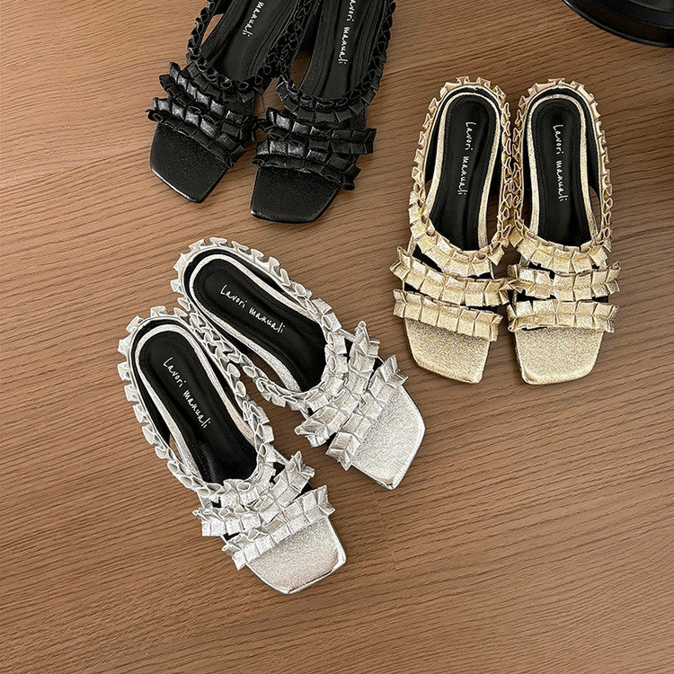 Karin Luna In Stock   Spot Goods  Niche Design Square-Toed Pleated Flat Slippers
