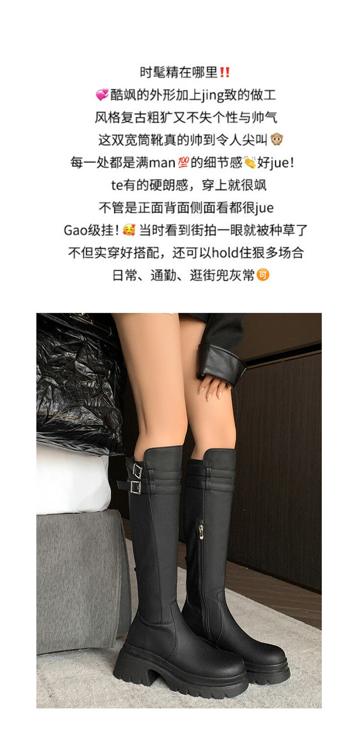 Karin Luna In Stock  Round Toe Thick Sole Casual Belt Buckle Long Boots