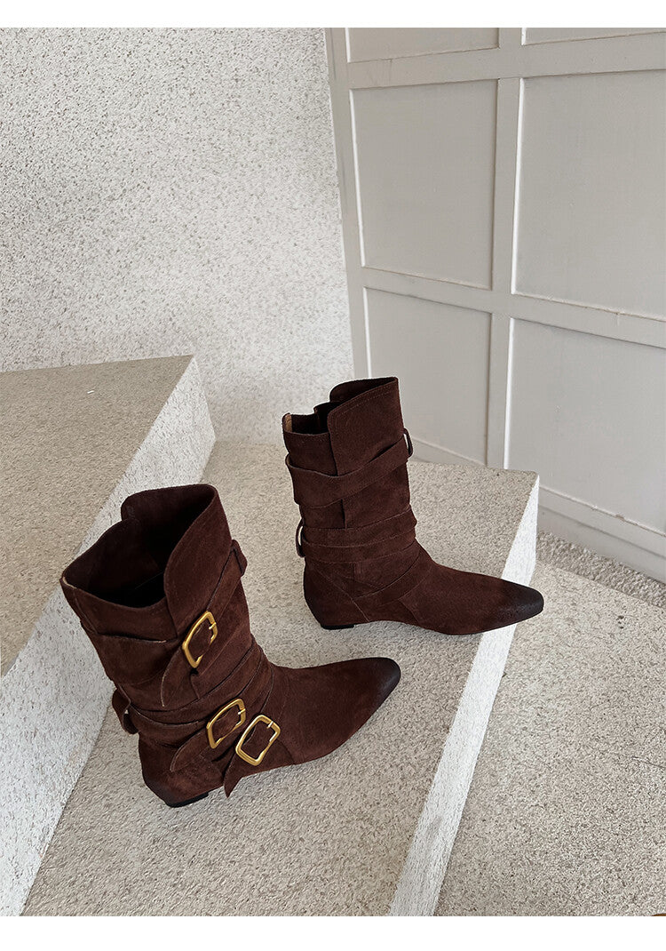 Karin Luna Cow Leather Small Square Toe Belt Buckle Fashion Boots