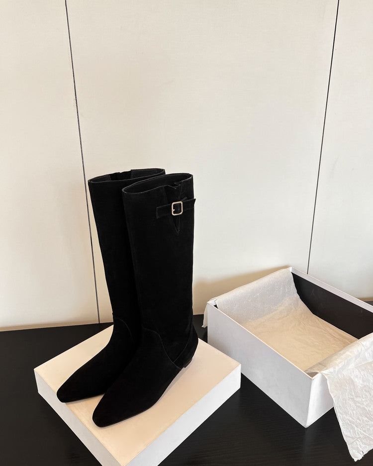Karin Luna In Stock Spot Goods Vintage Cowhide Leather Chunky Heel Height Increasing Long Boots
