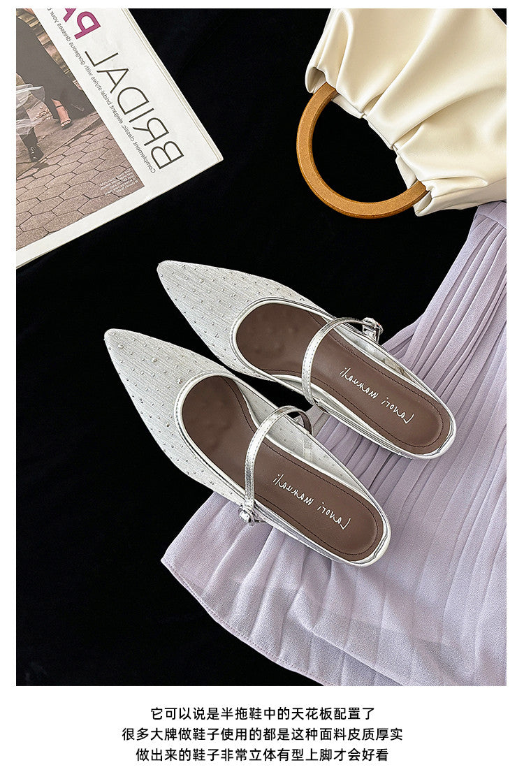 Karin Luna In Stock Spot Goods  Breathable Mesh Fabric Embellished Hand Drill Pointed Toe Slippers