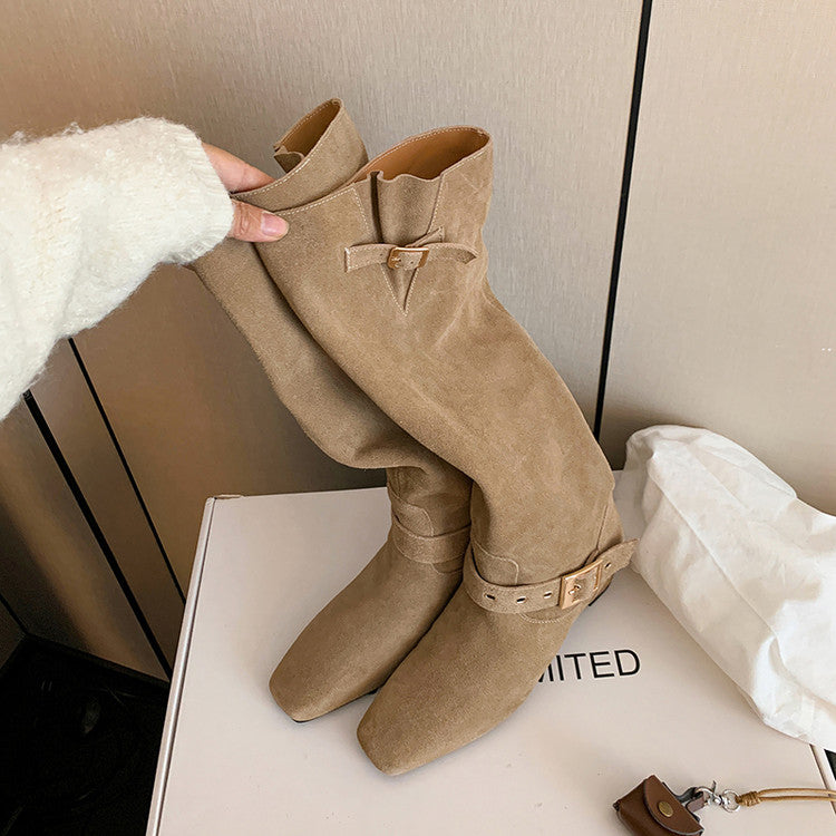 Karin Luna Data Model Belt Buckle Matte Square Toe Hidden Wedge Slouch Western Boots