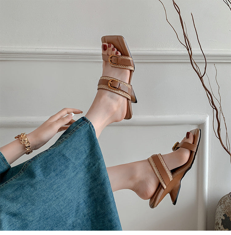 Karin Luna Hot-Selling In Stock Retro Wedge Belt Square Toe Irregular Heel