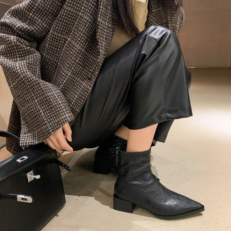 Karin Luna Elegant Style Pointed Toe Chunky Heel Short Boots