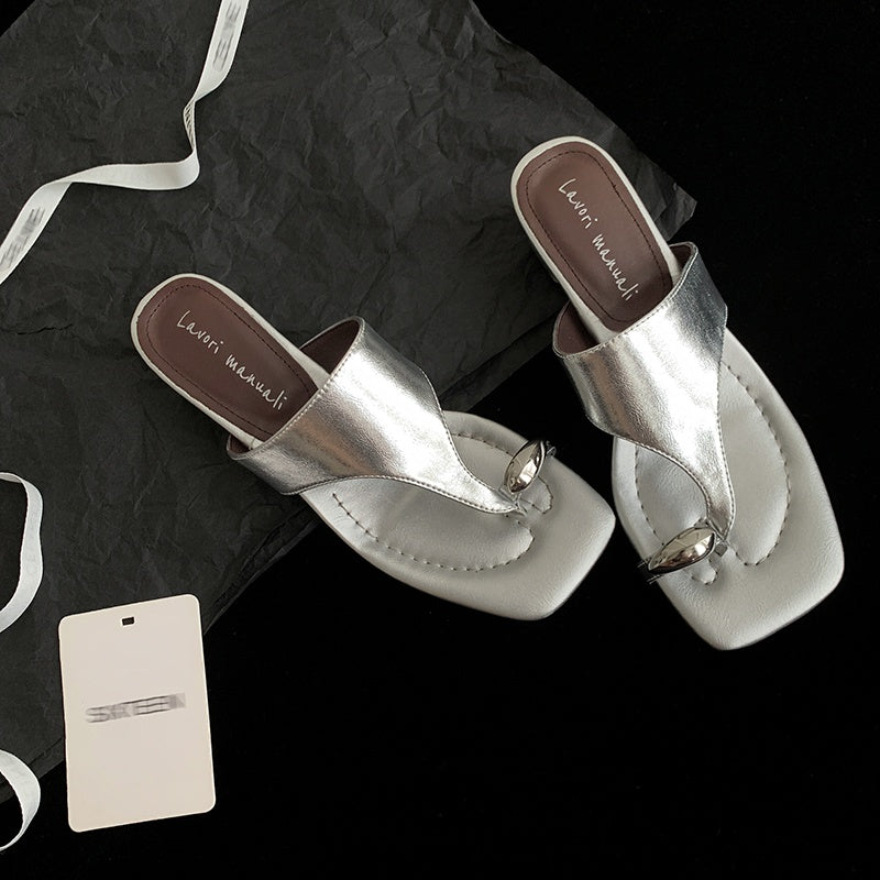 Karin Luna In Stock Spot Goods Clip-toe Square Toe Metal Buckle Minimalist Slippers