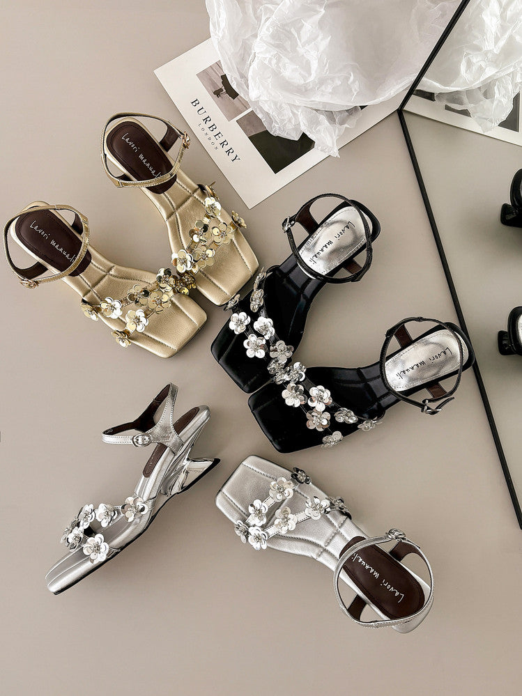 Karin Luna In Stock Spot Goods All the Best Square-Toed Sequin Flower Sandals