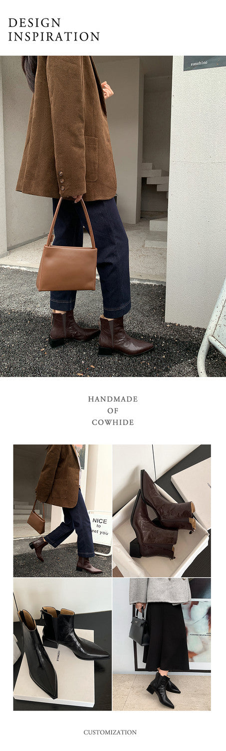 Karin Luna In Stock Spot Goods Elegant Stretch Fabric Patchwork Pointed Toe Chunky Heel Short Boots