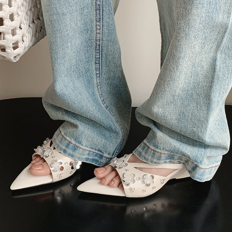 Karin Luna Bestseller Sequin Elements Elegant Pointed Toe Irregular Heel Slippers