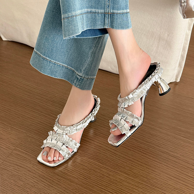 Karin Luna In Stock  Spot Goods  Unique Square-Toe Pleated Lace Sandals
