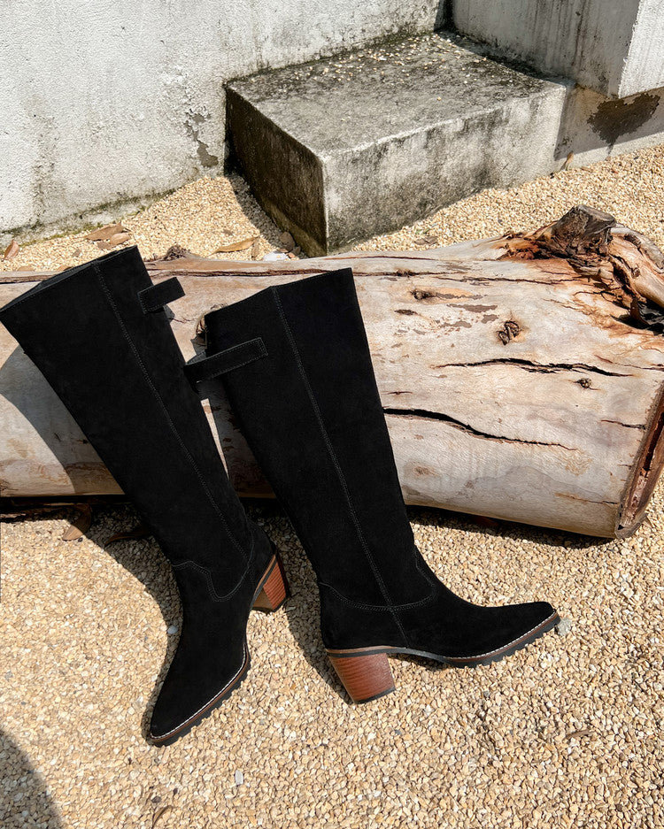 Karin Luna In Stock Spot Goods Retro Cowhide Leather Chunky Heel Suede Long Boots