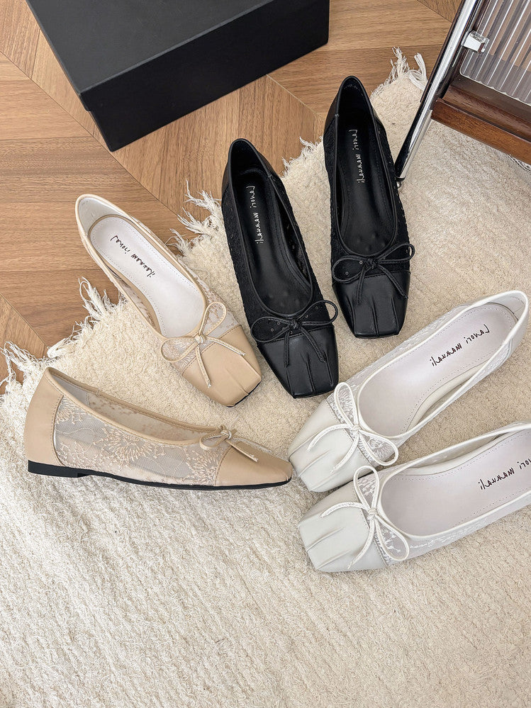 Karin Luna In Stock In Stock  Wrinkled Square Toe Patchwork Breathable Mesh Bow Granny Shoes