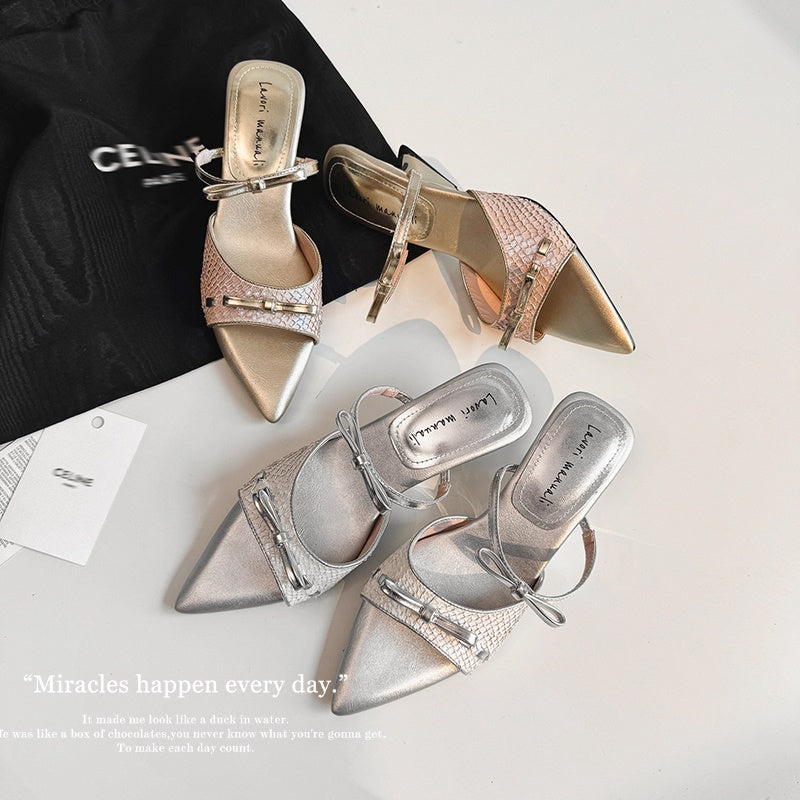 Karin Luna Fish Skin Series~Pointed Toe Irregular Heel Bowknot Strap Slippers