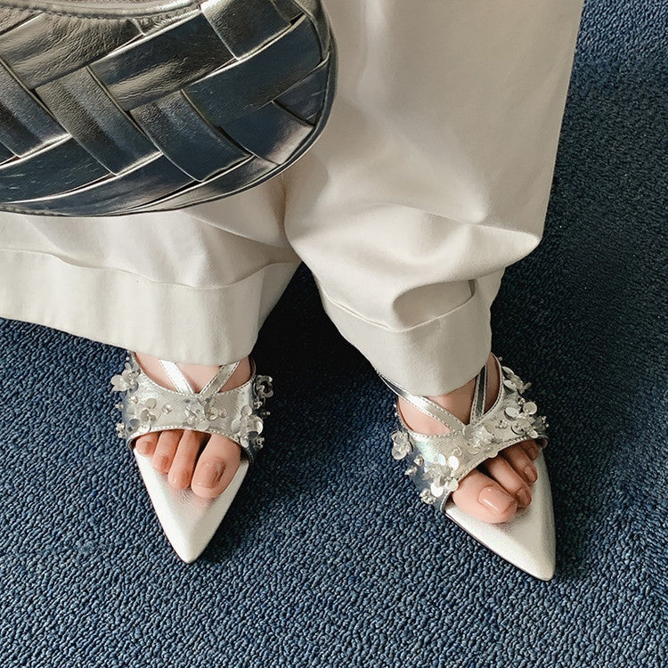 Karin Luna Bestseller Sequin Elements Elegant Pointed Toe Irregular Heel Slippers