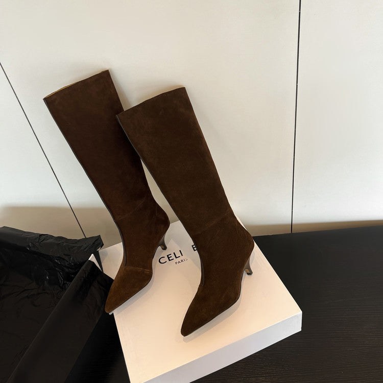 Karin Luna In Stock Spot Goods Retro Cowhide Pointed Toe Stiletto Elegant Long Boots