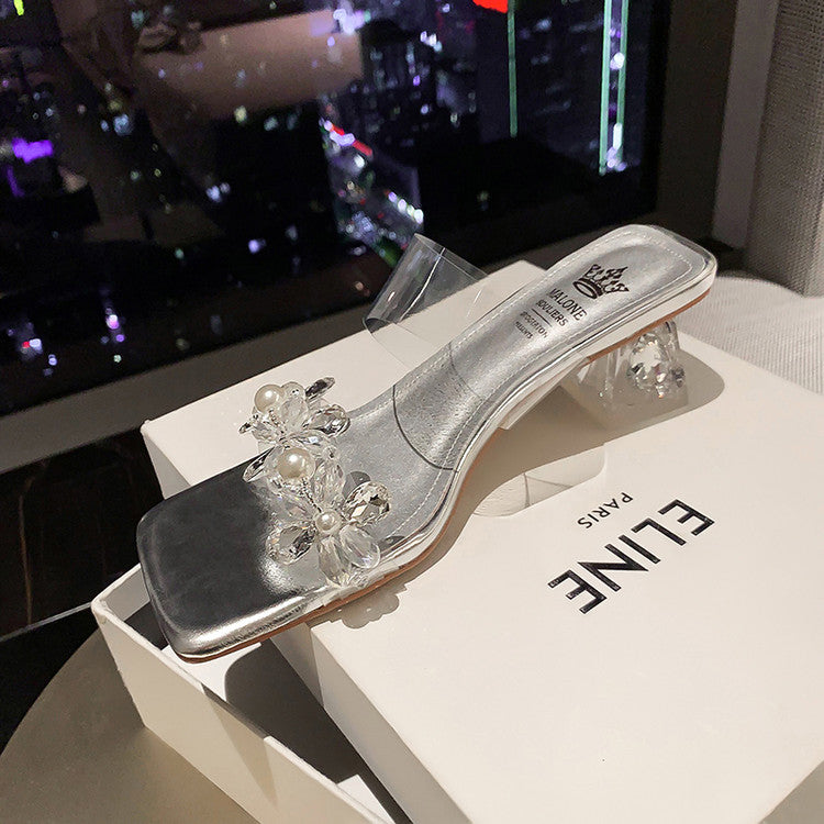 Karin Luna In Stock Spot Goods  Always in stock Square Toe Sweet Rhinestone Crystal Heel Slippers