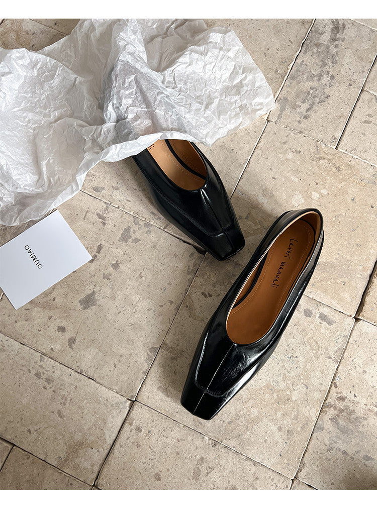 Karin Luna In Stock Spot Goods  Retro Full Leather Square Toe Shallow Mouth Single Shoes