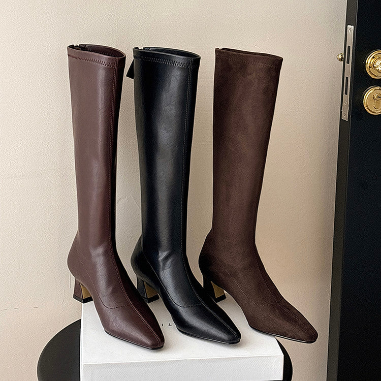 Karin Luna In Stock In Stock  Square Toe Chunky Heel Korean Style Elegant Long Boots