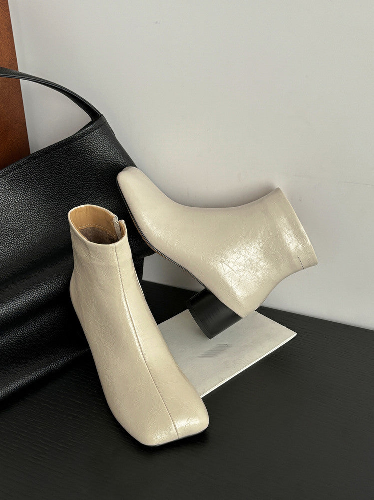 Karin Luna French Style Square Toe Chunky Heel Ankle Boots