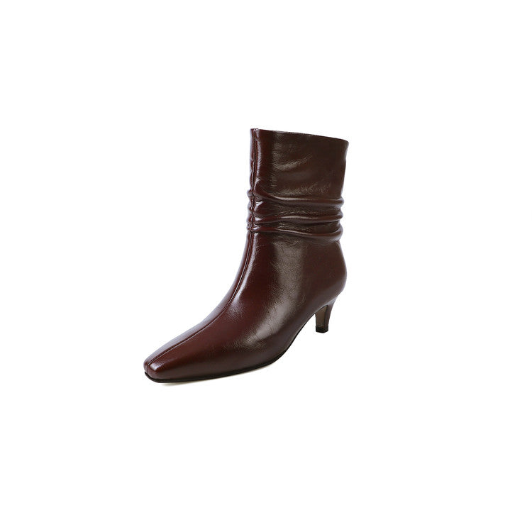 Karin Luna In Stock Spot Goods  Retro Wrinkled Small Square Toe Short Boots