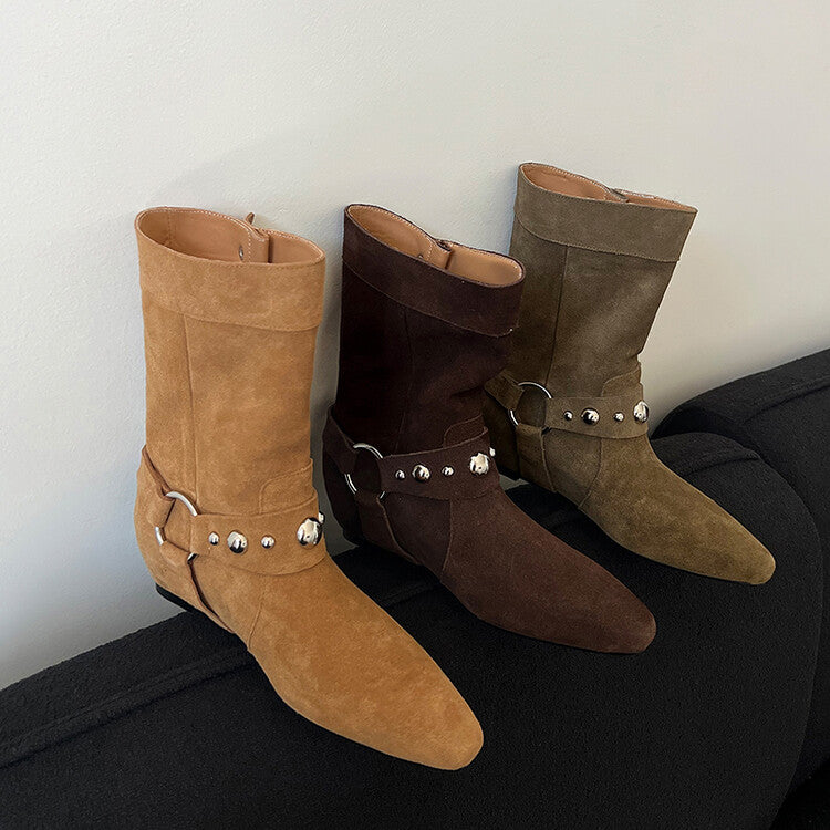 Karin Luna has prepared stock  Hot-Selling Retro Pointed Toe Wedge Metal Buckle High Tube Western Boots