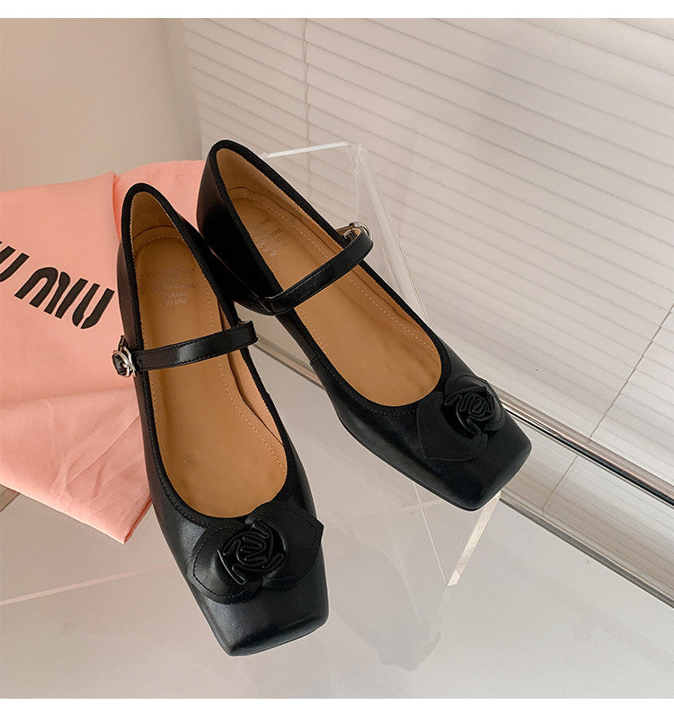 Karin Luna In Stock Spot Goods  Vintage Three-Dimensional Camellia Square-Toed Mary Jane Shoes