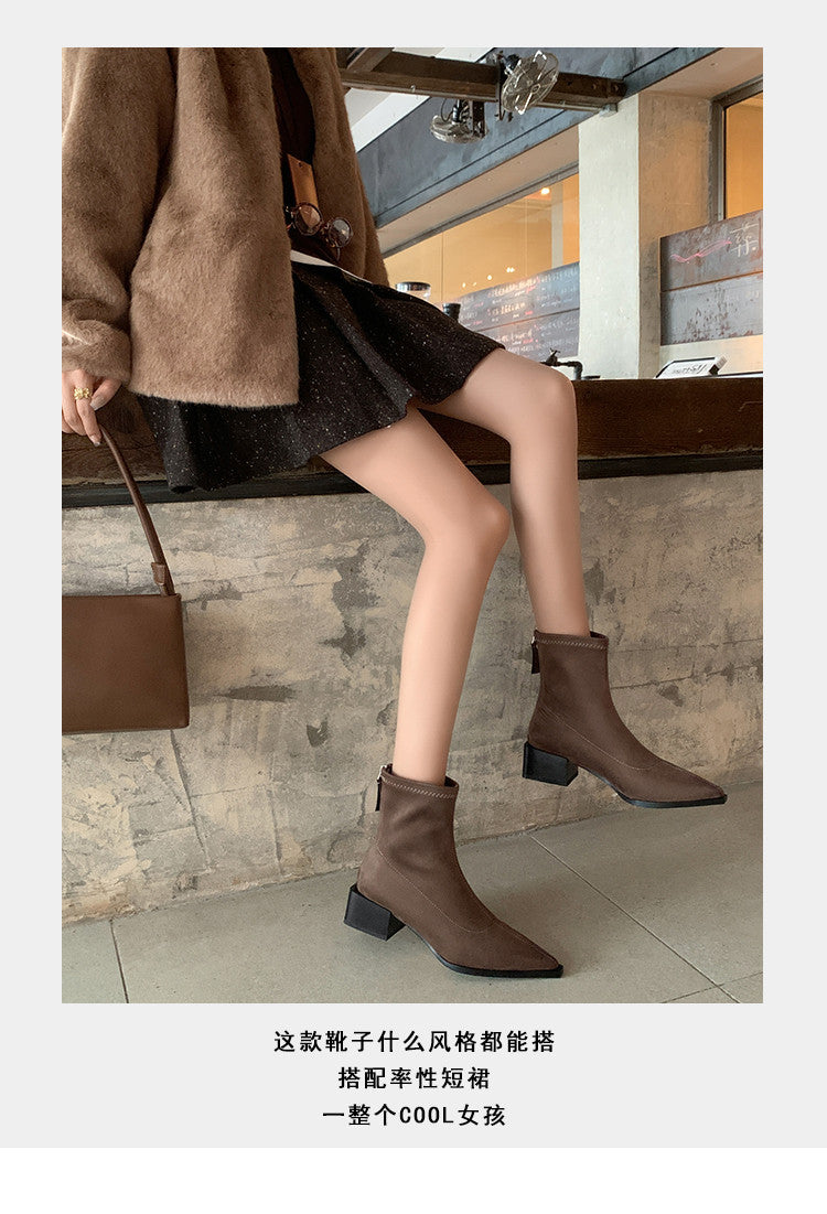 Karin Luna In Stock In Stock Elastic Slim Pointed Toe Chunky Heel Basic Ankle Boots