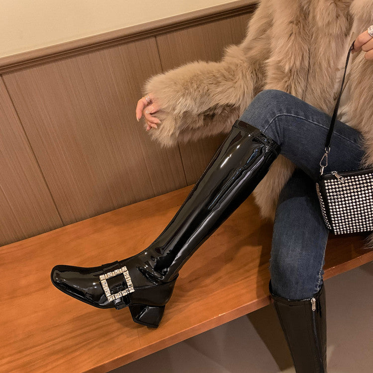 Karin Luna Elegant Style Ultra Slimming Rhinestone Chunky Heel British Style Riding Boots Long Boots