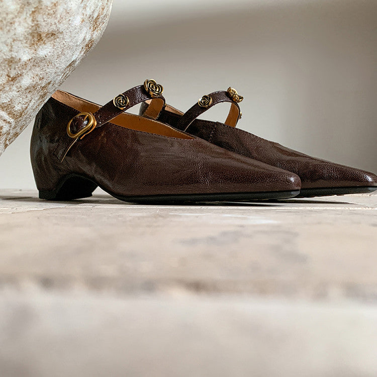 Karin Luna In Stock Spot Goods    Retro Classic Metal Camellia Irregular Heel Single Shoes
