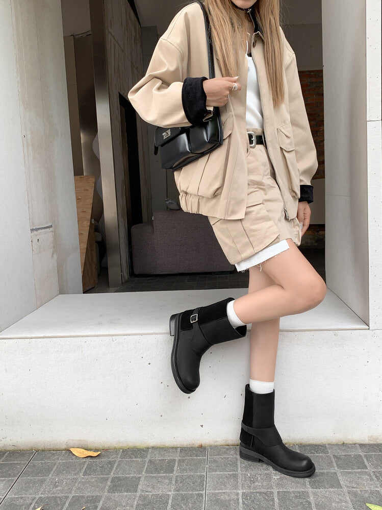 Karin Luna Belt Buckle Chunky Heel Fashion Short Boots