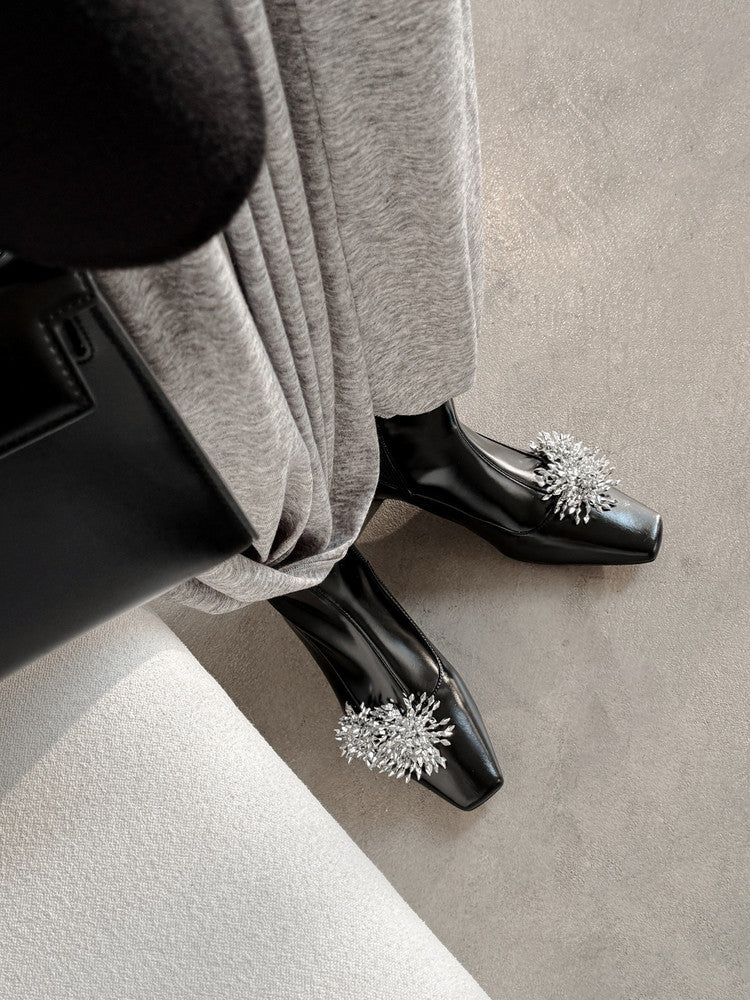 Karin Luna Elegant Style Square Toe Flower Design Height Increasing Short Boots with Two Front and Back Options