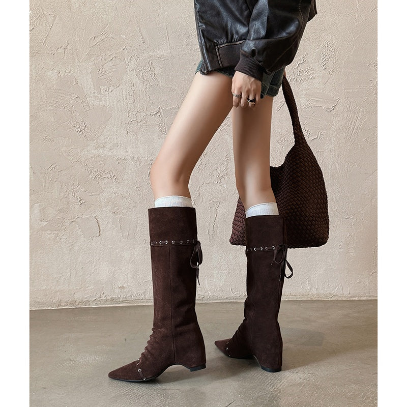 Karin Luna Elegant Style  Pointed Toe Pleated Hidden Wedge Western Boots