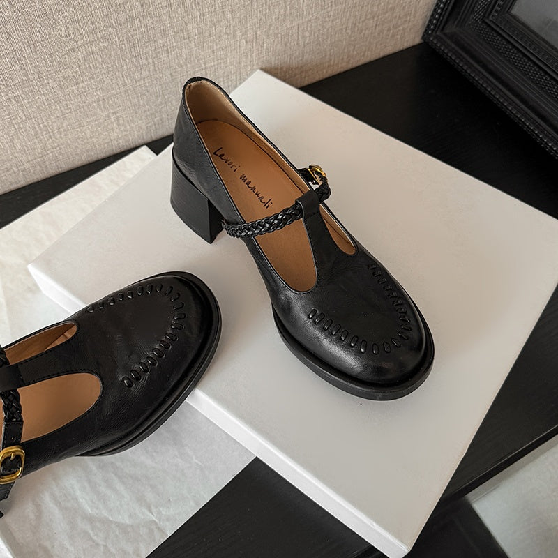 Karin Luna In Stock Spot Goods Vintage Braided Twist High Heels T Round Toe Thick Sole Single Shoes