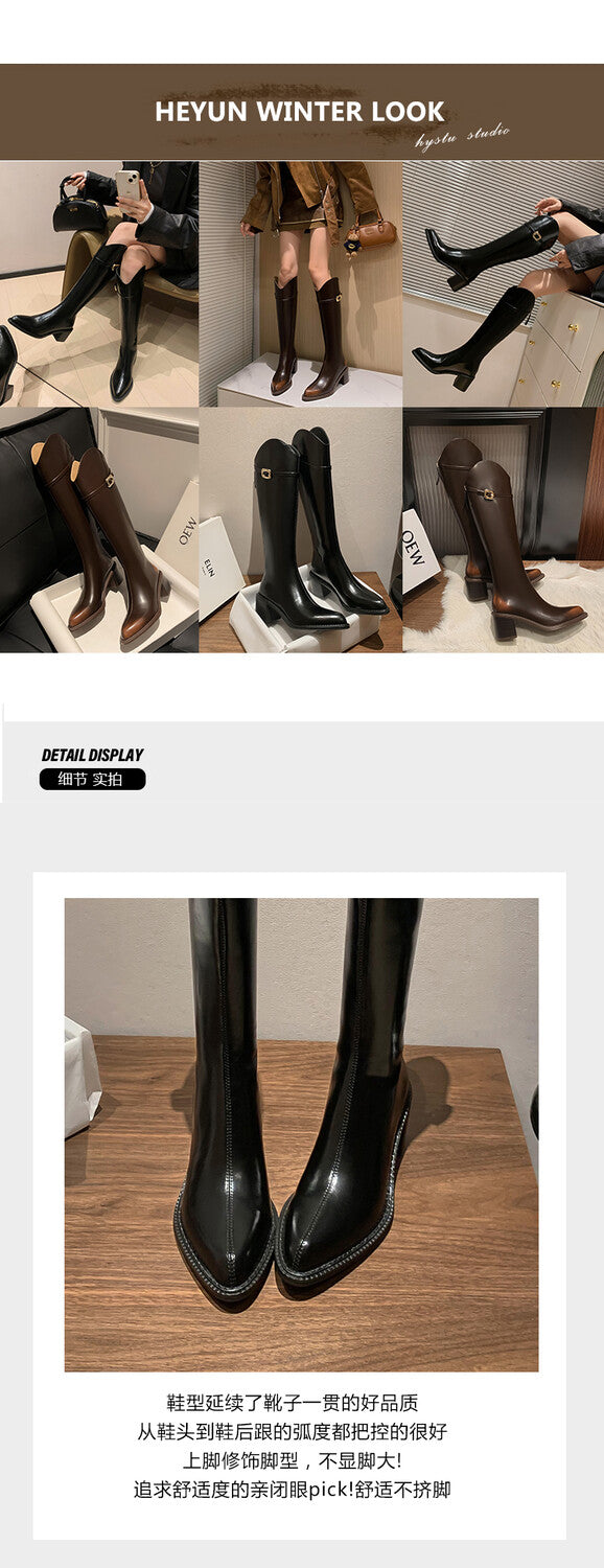 Karin Luna Bestseller  Popular Understood everything  Basic Elegant Outfit Pointed Toe Chunky Heel Full Cowhide I Am A Knight Boots